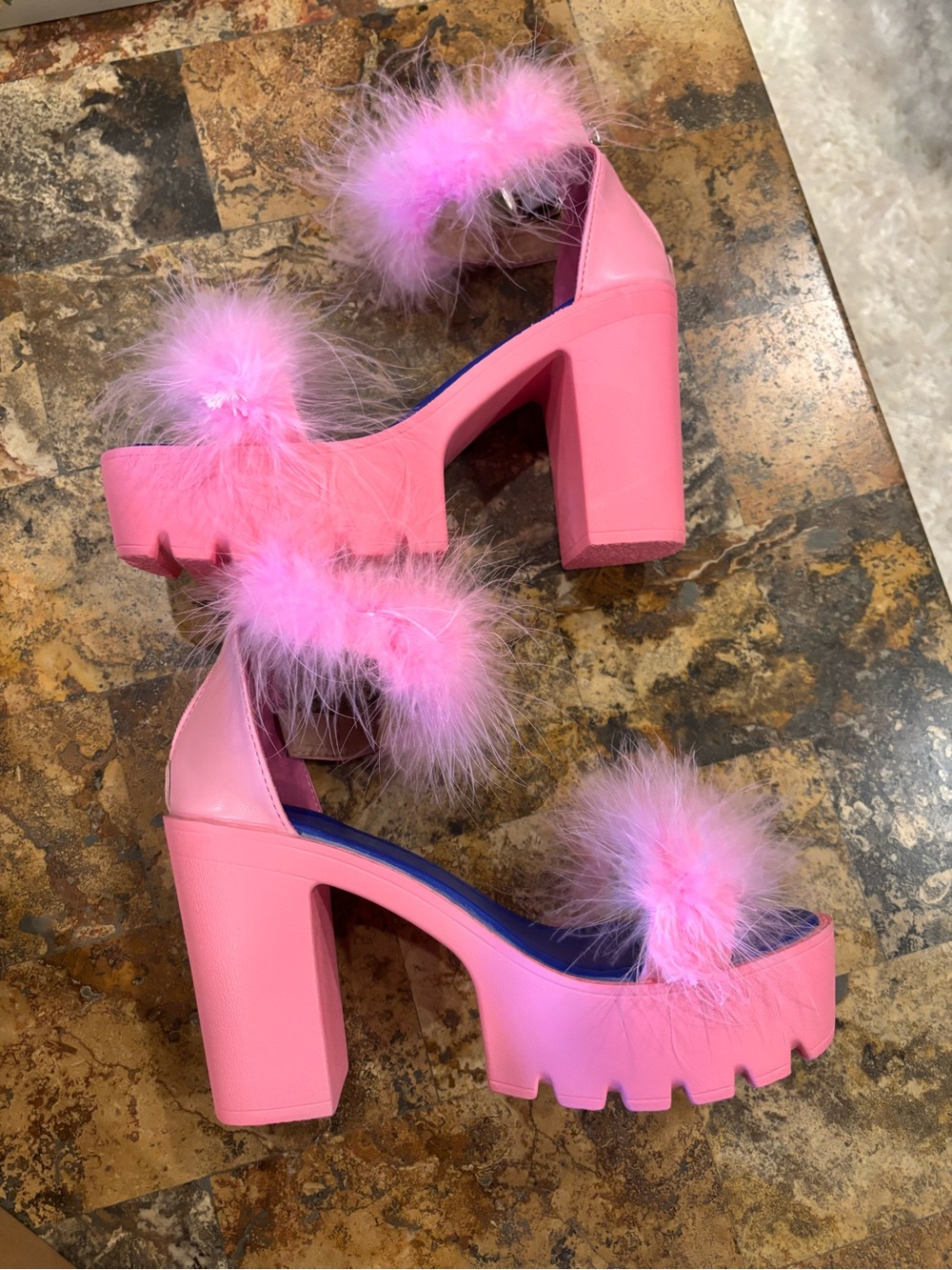 Platform Block Heel Sandals with Pink Marabou Trim